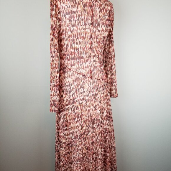 Vintage Nylon Mesh Long Sleeve Rust Allover Pattern Midi Dress Ladies Size Med - Picture 4 of 6
